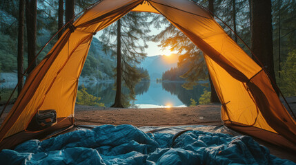 A camping tent in a nature hiking spot (view from inside the tent) - obrazy, fototapety, plakaty