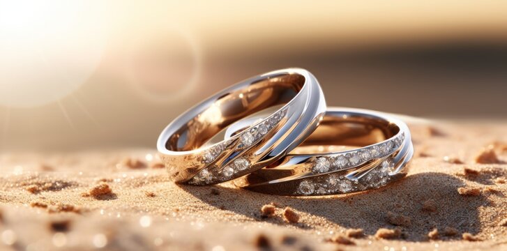 Two gold ring with a diamond for wedding concept. Generate AI image