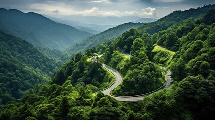 Aerial view of winding road in the forest on mountain.