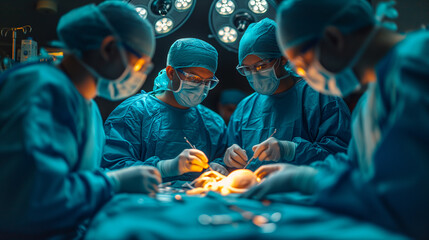 Cooperating team of multi-ethnic surgeons perform organ transplant operation surgery in modern operating office room. Medical staff. Surgical concept. - obrazy, fototapety, plakaty