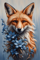 Fox adorned with blue flowers  situated near hyper-realistic water Ai Generative Art