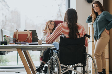 Inclusive office environment with employee in wheelchair during a casual discussion.