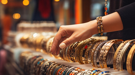 Woman hand choose bracelet in a shop