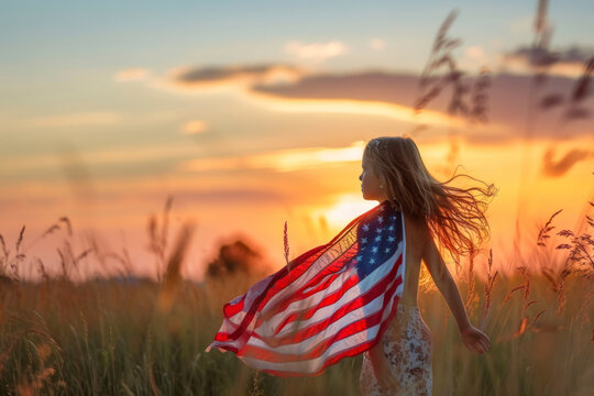 Young girl with American flag in field at sunset.