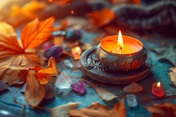 Autumn background. Candle with amulet, crystals, fall leaves. Wiccan altar. Mabon sabbat. autumn equinox. Witchcraft, esoteric magic ritual.