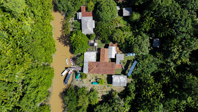 Casas t&iacute;picas de ribeirinhos na Ilha das Cinzas, Par&aacute;, Brasil