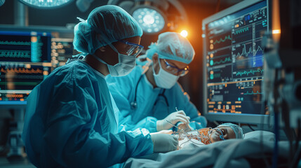 Cooperating team of multi-ethnic surgeons perform organ transplant operation surgery in modern operating office room. Medical staff. Surgical concept. - obrazy, fototapety, plakaty
