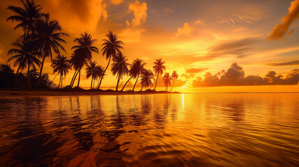 Fototapeta na wymiar paradise tropical island beach at sunset, golden hues reflecting on the water, silhouettes of palm trees against a fiery sky. Gentle waves lapping the shore, Generative AI