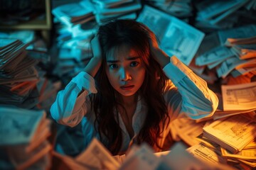 Fototapeta na wymiar Overwhelmed woman surrounded by paperwork under moody lighting, depicting stress and anxiety.