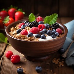 Side View of a Delicious Bowl of Granola with Yogurt and Berries on a Wooden Table