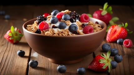 Side View of a Delicious Bowl of Granola with Yogurt and Berries on a Wooden Table