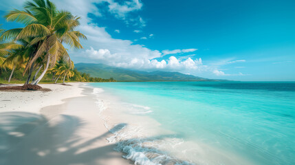 Fototapeta na wymiar paradise tropical island beach, white sandy shores, palm trees swaying in the breeze, crystal-clear turquoise water. Early morning light with soft pastel sky, Generative AI