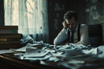 Overwhelmed businessman surrounded by paperwork in a dark, moody office setting concept for stress and burnout.