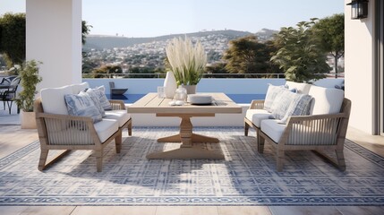 Include an outdoor rug with geometric patterns, enhancing the Mediterranean aesthetic and defining the dining area in the open spacear