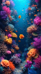 Naklejka na ściany i meble Vibrant coral reef with tropical fish; ideal for wildlife, marine ecosystems, and underwater beauty themes.