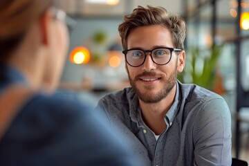 Obraz premium Confident young man with glasses in a casual business meeting. Warm, engaging and approachable with a modern office background.