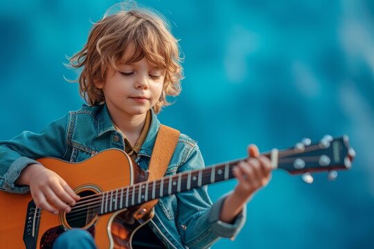 Young boy playing acoustic guitar outdoors with blue bokeh background. Perfect for music, education, and creative lifestyle themes.