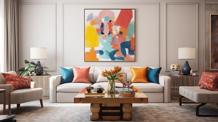 Include both traditional and modern art pieces on the walls, showcasing a harmonious fusion of...