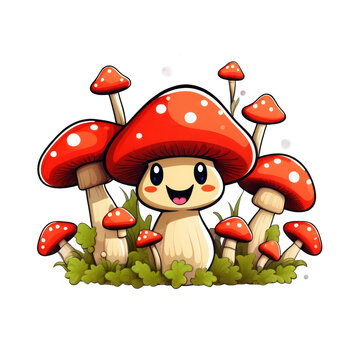 cute funny mushroom cartoon, smiling mushroom character in kawaii style, t-shirt, mascot