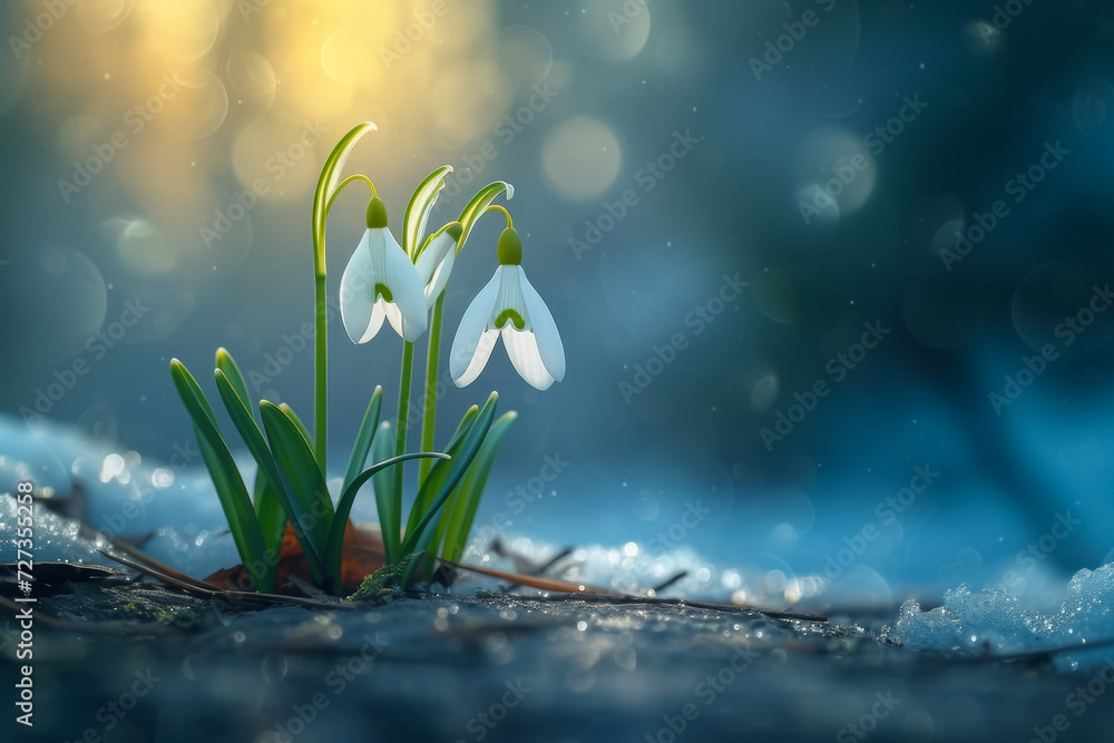 Poster The first spring snowdrops in the garden. Background with selective focus and copy space