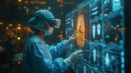 Diverse surgeons in AR headsets work in operating room using futuristic holographic display. 3D graphics of virtual human skeleton and organs. Technology of AI-assisted surgery. High-tech medicine. - obrazy, fototapety, plakaty