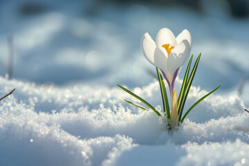 A white flower breaks out from under the snow. Background with selective focus and copy space