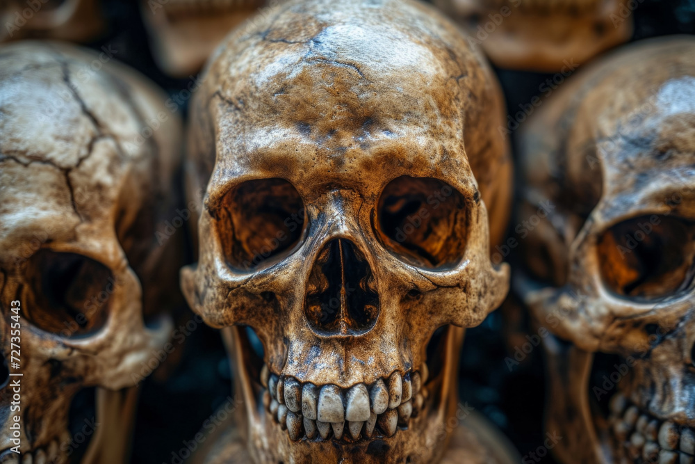 Poster skulls in dark gloomy style. background for design with selective focus and copy space.