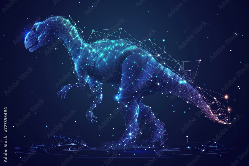 Poster dinosaur hologram made from digital dots. background with selective focus and copy space