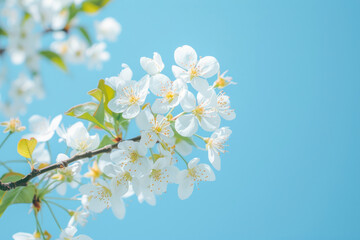 Obraz na płótnie Canvas Blossoming tree branch on blue sky background. Spring equinox concept.