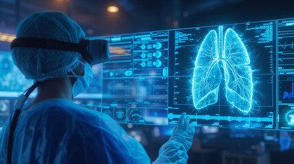 Diverse surgeons in AR headsets work in operating room using futuristic holographic display. 3D graphics of virtual human skeleton and organs. Technology of AI-assisted surgery. High-tech medicine.