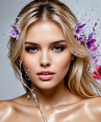 a beautiful blond woman with blue eyes and long hair is posing for a picture with water splashing close to her face