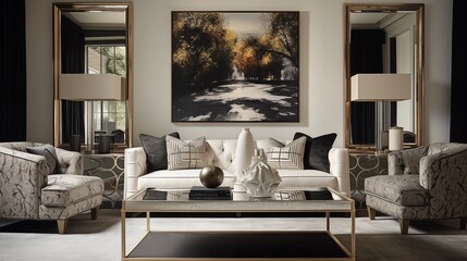 Include oversized artwork or a large decorative mirror as a focal point, adding to the grandeur of the Hollywood-inspired living roomar