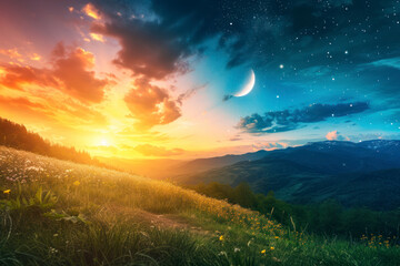 Day and night time change concept above the mountain landscape in spring.