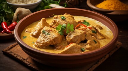 Photo of a Delicious Plate of Chicken Curry on a Wooden Table