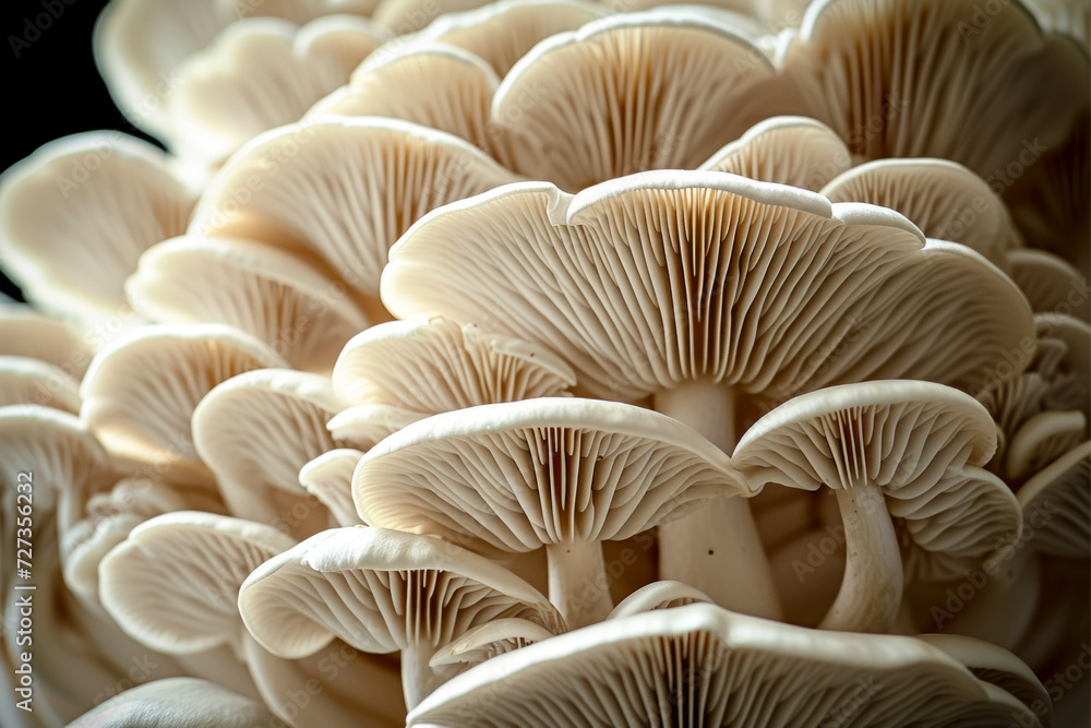 Poster mycelium with mushrooms, bottom view. background with selective focus and copy space