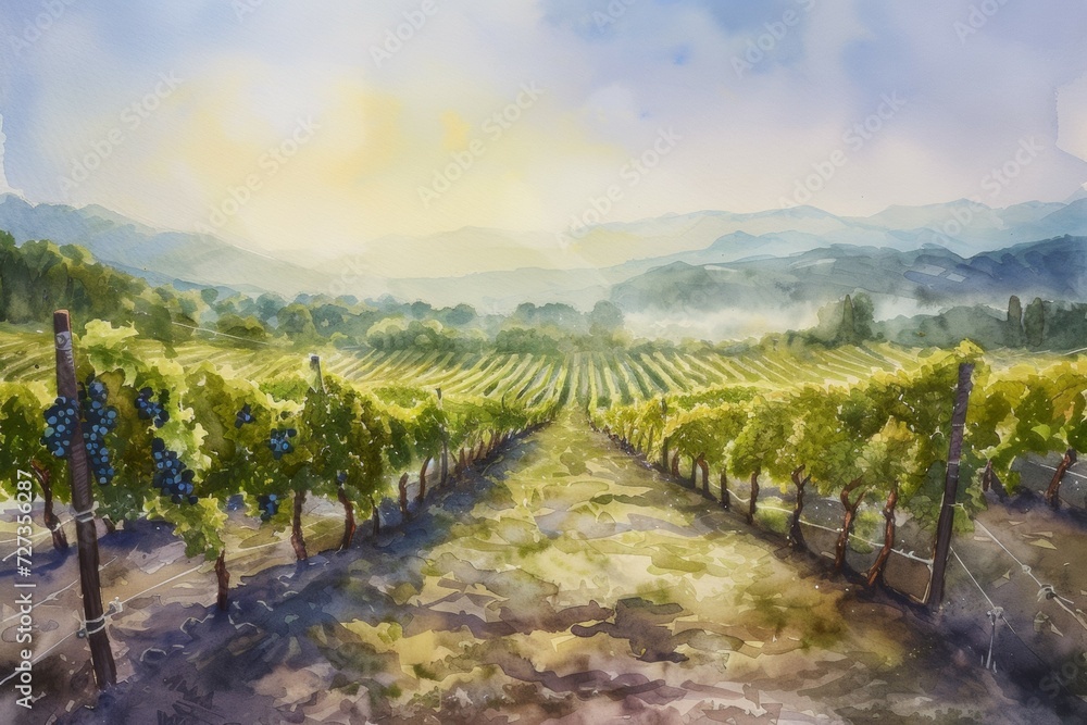 Poster watercolor drawing of a grape field. background with selective focus and copy space