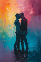 a gay couple embrace, abstract oil painting, queer pride 
