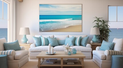 Include touches of blue or turquoise in throw pillows, rugs, or decor to mimic the colors of the sea, completing the coastal aestheticar