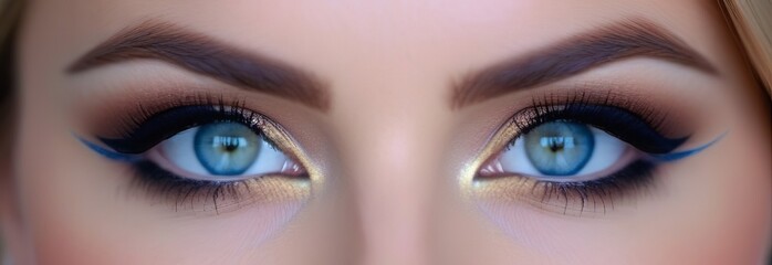 Fototapeta premium Eye makeup closeup. Very beautiful eyes. To advertise cosmetics for eyes. Beautiful female eyes with long lashes. beautiful make-up and eyebrows. Beautiful blue eyes. Makeup and Cosmetology concept