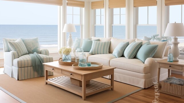 Include touches of blue or turquoise in throw pillows, rugs, or decor to mimic the colors of the sea, completing the coastal aestheticar