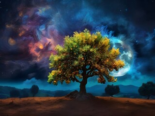 a tree Van Gogh art style, nightly sky