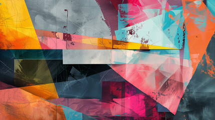 Abstract digital collage with overlapping layers of textured paper, geometric shapes, and vibrant colors