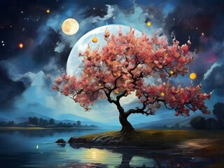 a tree Van Gogh art style, nightly sky