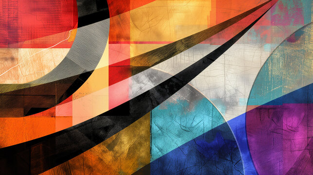 Abstract digital collage with overlapping layers of textured paper, geometric shapes, and vibrant colors