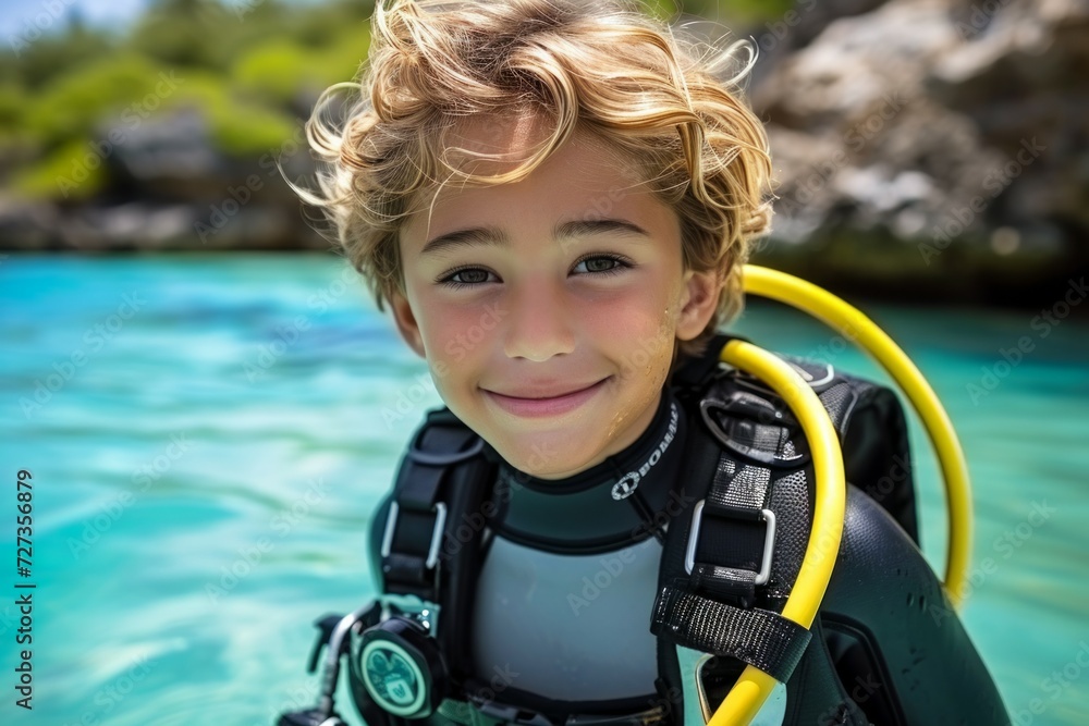Poster child at diving lessons. background with selective focus and copy space