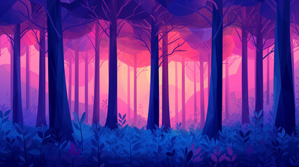 Abstract forest scene with stylized, geometric trees and a gradient of magical, twilight colors