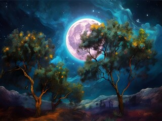 Fototapeta na wymiar a tree Van Gogh art style, nightly sky