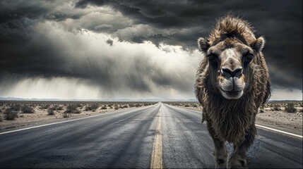 Majestic Camel Stands Amidst a Stormy Desert Highway