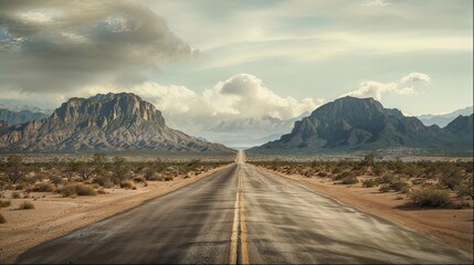 Endless Desert Highway, Majestic Mountains Under a Cloudy Sky
