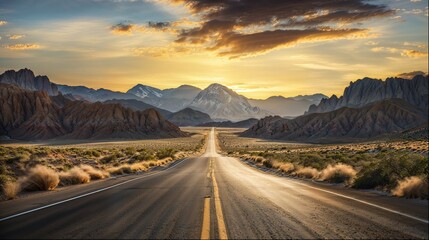 Golden Hour Journey, Majestic Mountains and Endless Road